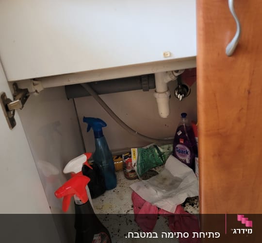 צינור מתחת לכיור עם חומרי ניקוי וכפפות
